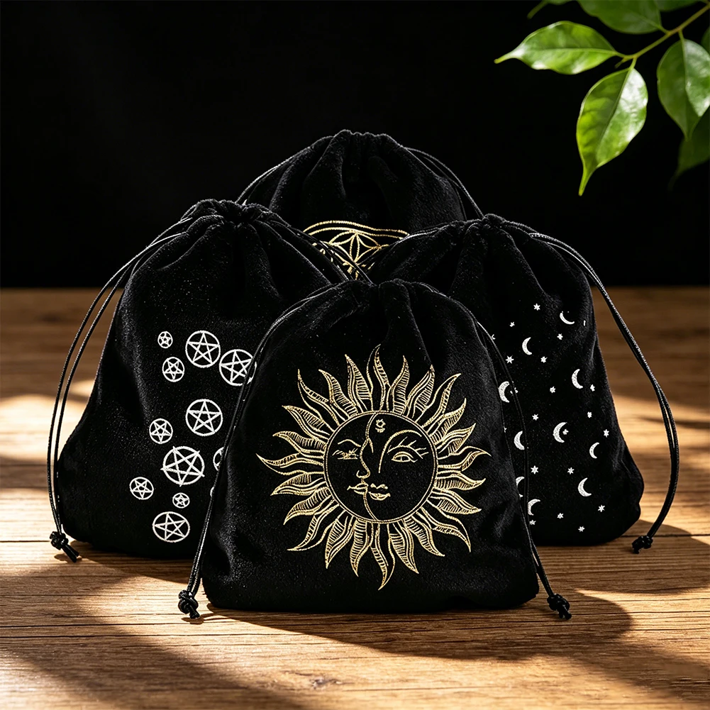 Sacred Geometry Tarot Card Bag Black Velvet Drawstring Pouch Moon Phases Sun Flower of Life Bag for Divination Crystal Storage