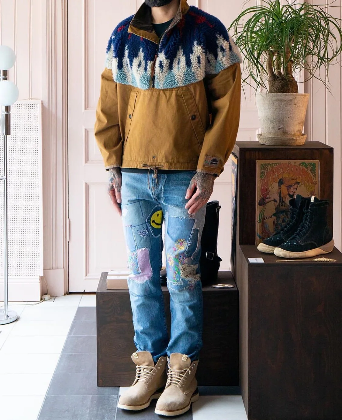 سترة كابيتال 20AW فضفاضة بسحاب نصفي، مطبوعة ومرقعة من الصوف المزدوج اللون، ملابس خارجية شبابية عصرية للشتاء بأكمام طويلة وقصة... #4