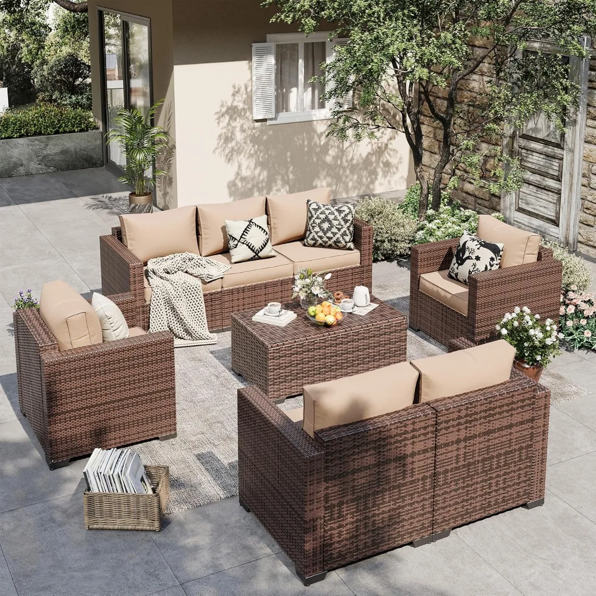 

Outdoor Patio Furniture Set, 5 Piece Patio Conversation Sets with Storage Table, Wide Armrest Outside Sectional Sofa