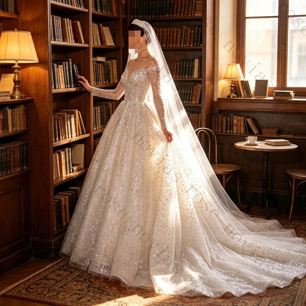 Customized Luxury Long Sleeved Beaded Backless Summer Wedding Dress 2026 Fashionable Shiny V-neck Princess A-line Bridal Gown