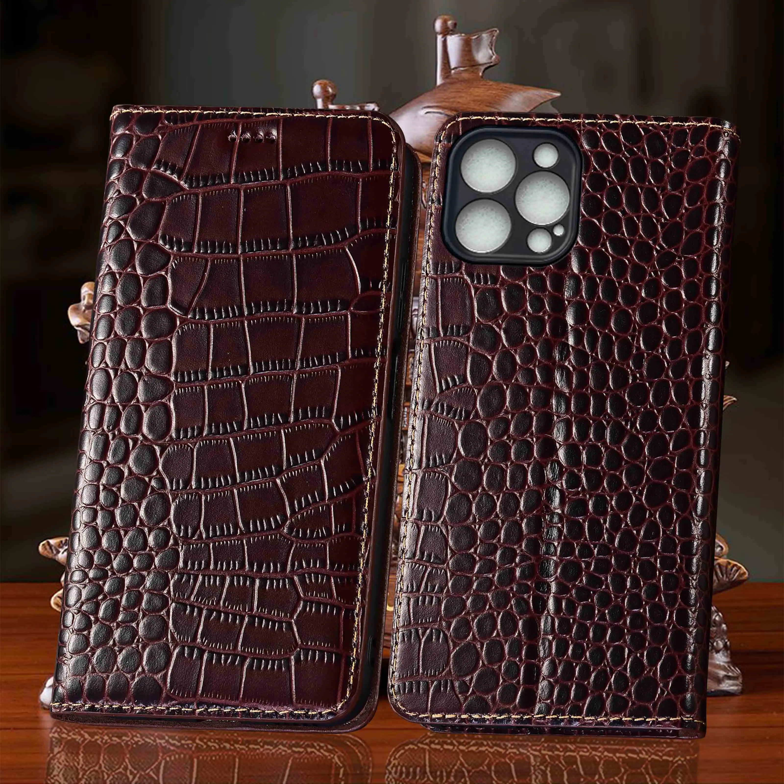 Crocodile Genuine Leather Flip Case For Apple iphone X XS XR 11 12 13 14 15 16 16e 17 17e 18 Pro Max Plus Air Mini Phone Cases