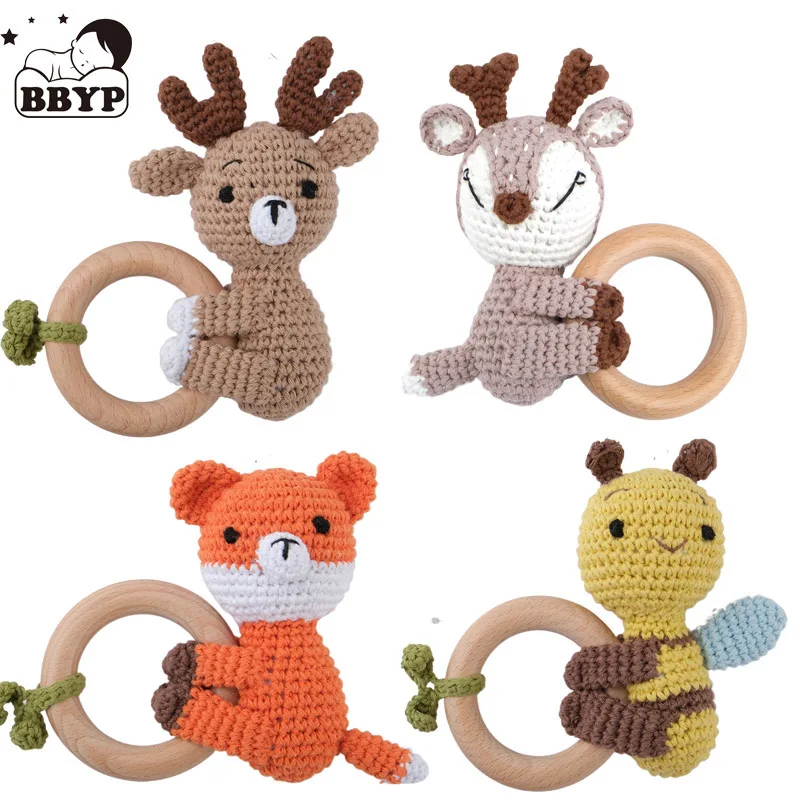 

1pc BPA Free DIY Crochet Elk Fox Bee Baby Teether Wooden Teether Ring Rattle Newborn Teething Nursing Soother Molar Educational