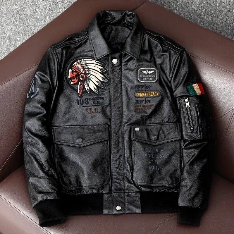 Embroidery Flying Suit Natural Genuine Leather Coat Men Cowhide Leather Motorcycle Jackets Slim Fashion Clothing 2023 New Jacket