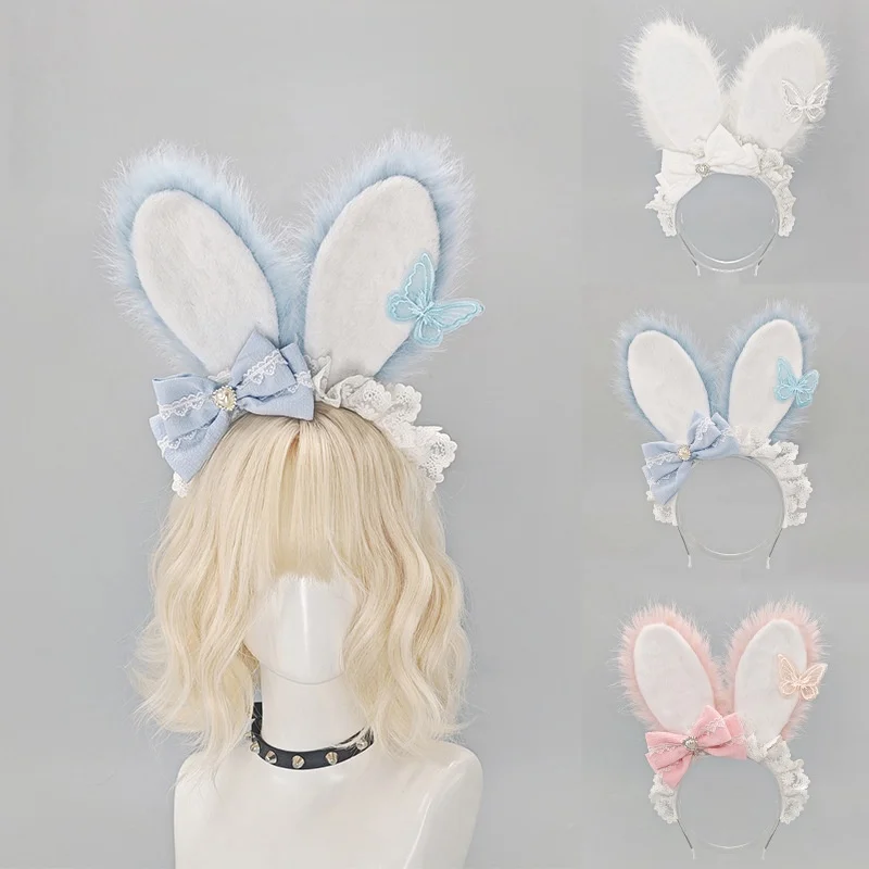 

Плюшевая повязка на голову с кружевными ушками кролика в стиле Лолита, милые ушки животного для аниме-конвенций, аксессуары для косплея