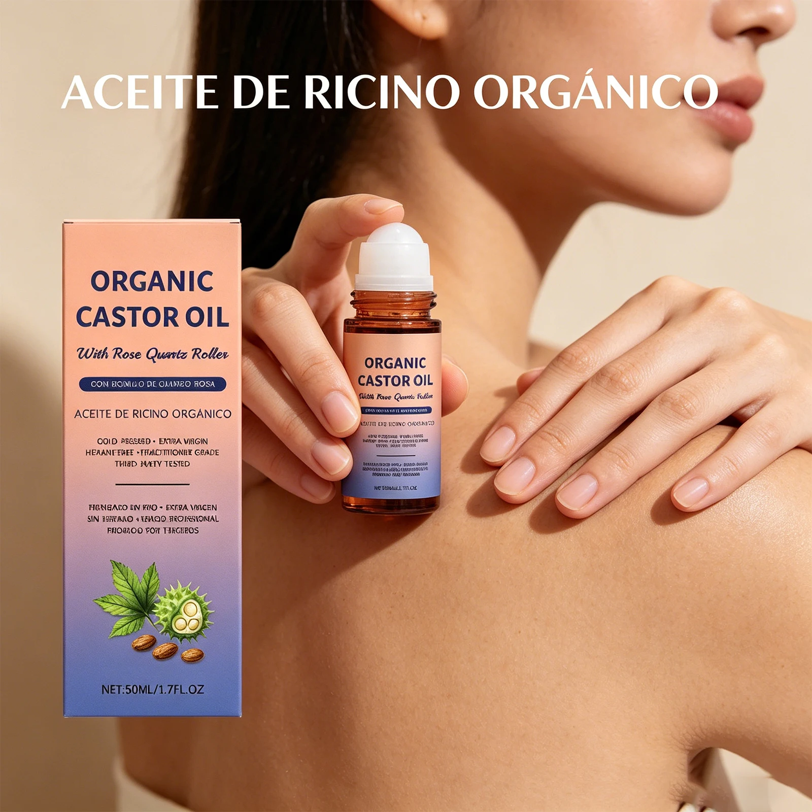 Organic Castor Oil With Rose Quartz Roller Cold Pressed Moisturizing Nourishing Body Face Hair Care Moisturizing Serum 50ml