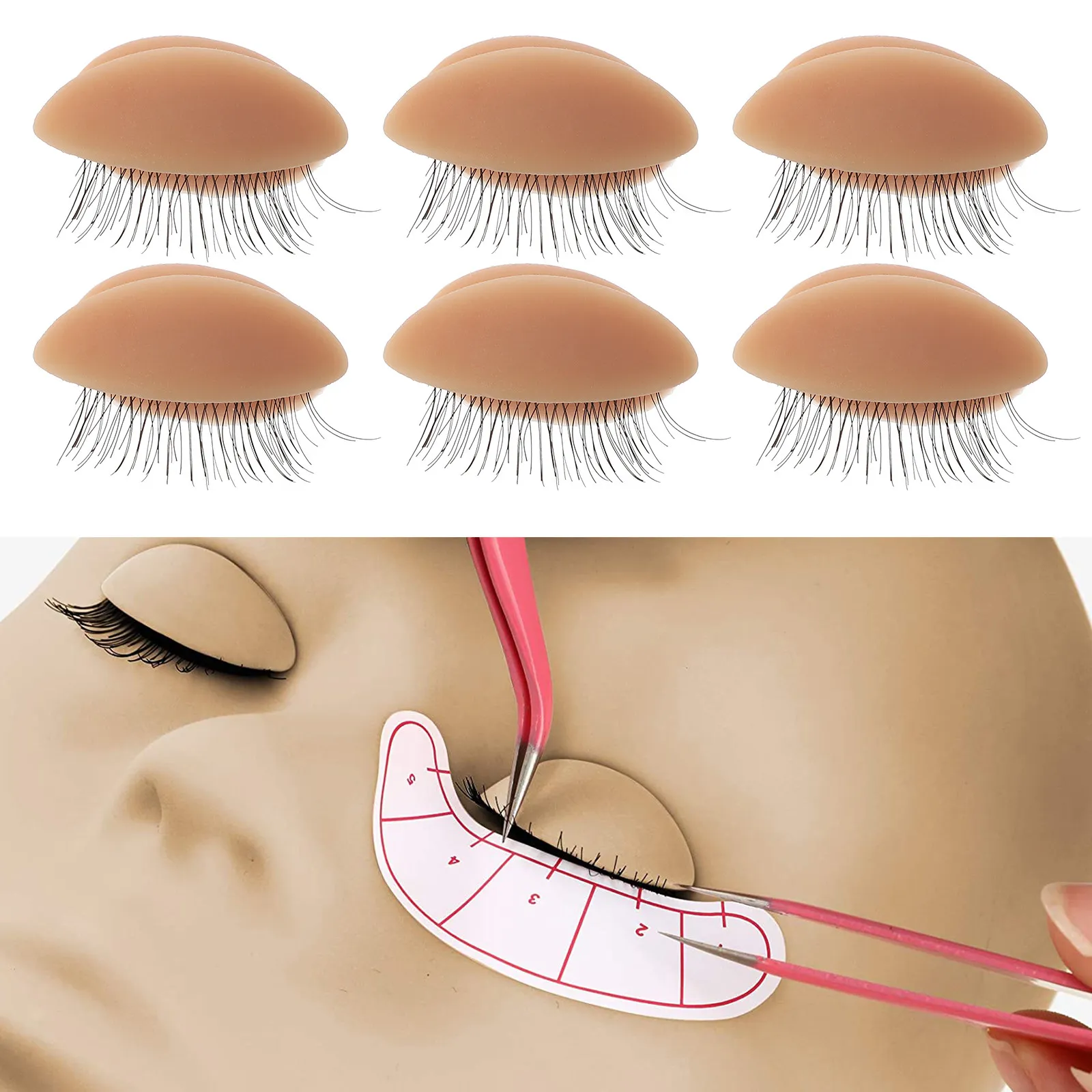 3Pairs Eyelash Practice Heads Silicone Replacement Eyelids Lash Extension Supplies Makeup Practice Kit Training Tool Reusable