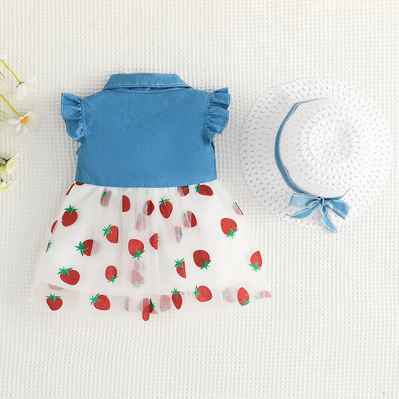 2Pcs/SetCross border Summer New Girl\'s Dress Strawberry Embroidered Mesh Skirt Sleeveless Spliced Denim Skirt with Hat