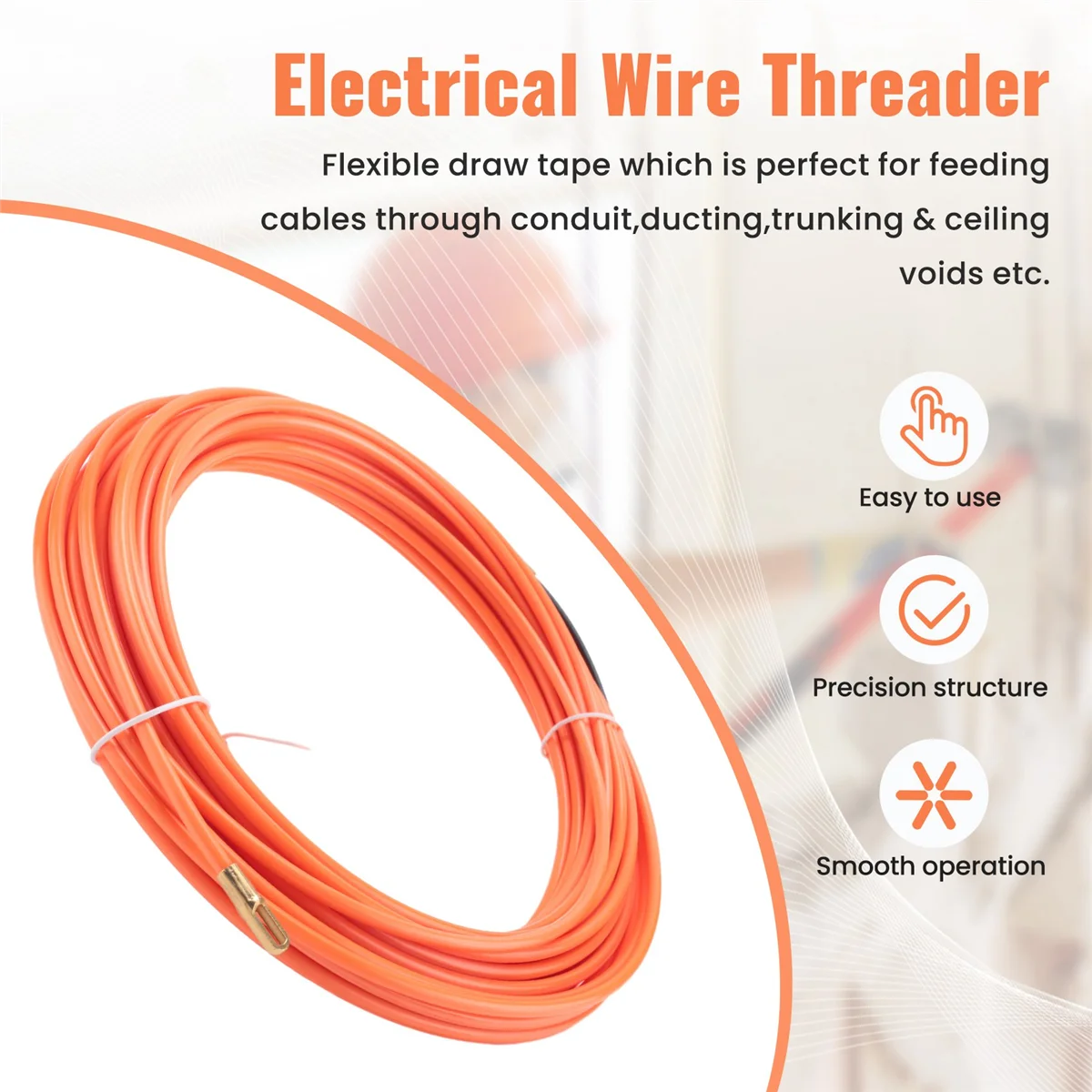4Mm 15 Meter Orange Guide Device Nylon Electric Cable Push Pullers Duct Snake Rodder Fish Tape Wire