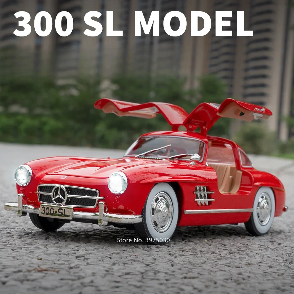 1:24 Benz 300SL Modele samochodów zabawkowych Alloy Diecast z wycofaniem Dźwięk Światło Wycofać Miniaturowe pojazdy Chłopiec Urodziny Zbieraj prezenty