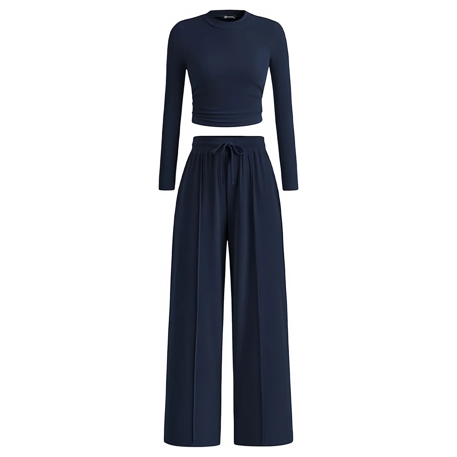 Ropa informal de 2 piezas para mujer, jersey de manga larga con cuello simulado, camiseta recortada y pantalones de pierna ancha, ropa de descanso para tiempo libre diario