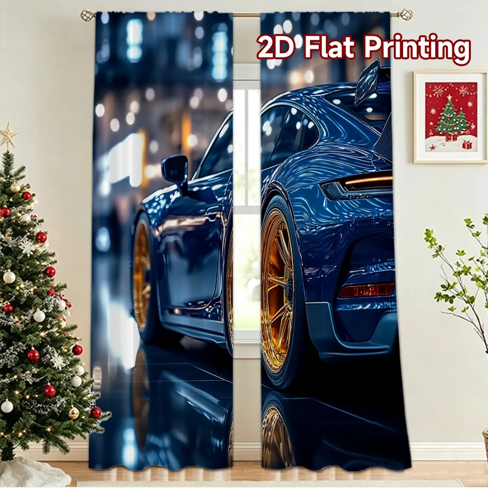 2D flat 2pcs Curtain French Romantic Style Blue Sports Car Rear View Durable polyester fiber Festive Holiday Perfect for Room