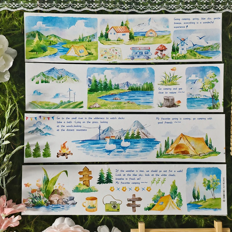 

Наклейка OKMT с эстетическими пейзажами и лента Washi — принадлежности для весеннего журнала для кемпинга