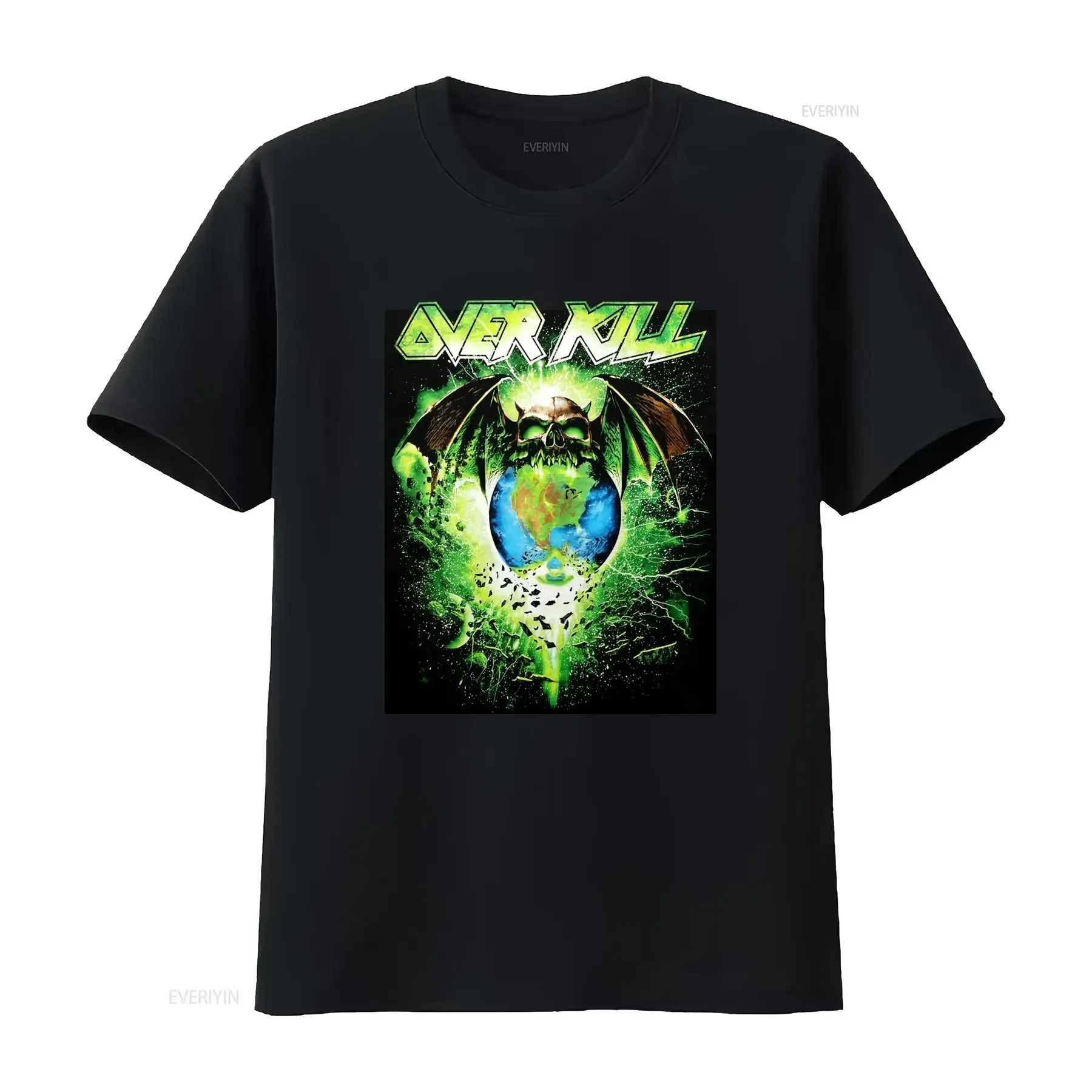 Overkill Men's Black T Shirt with Skull Earth and Bat Print Small Size vintage Washed designer clothes Stretched Unisex Casual