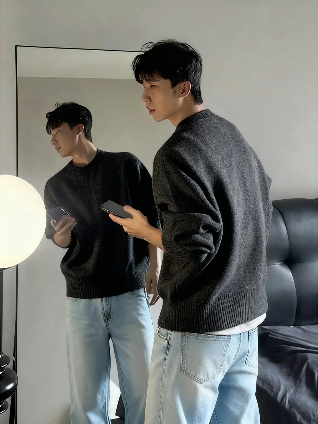 

Мужской вязаный свитер Deep ey с круглым вырезом, утепленный флисом, свободного кроя, для зимы, базовый слой, Cleanfit