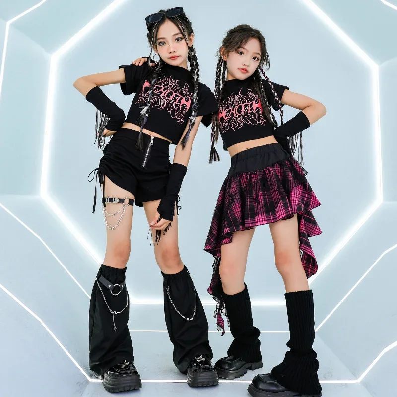 

Black Tassel Tops Hip Hop Shorts Skirt Outfits Kids Performance Clothes Concert Stage Wear Fashion Kpop Jazz Dance Costume
