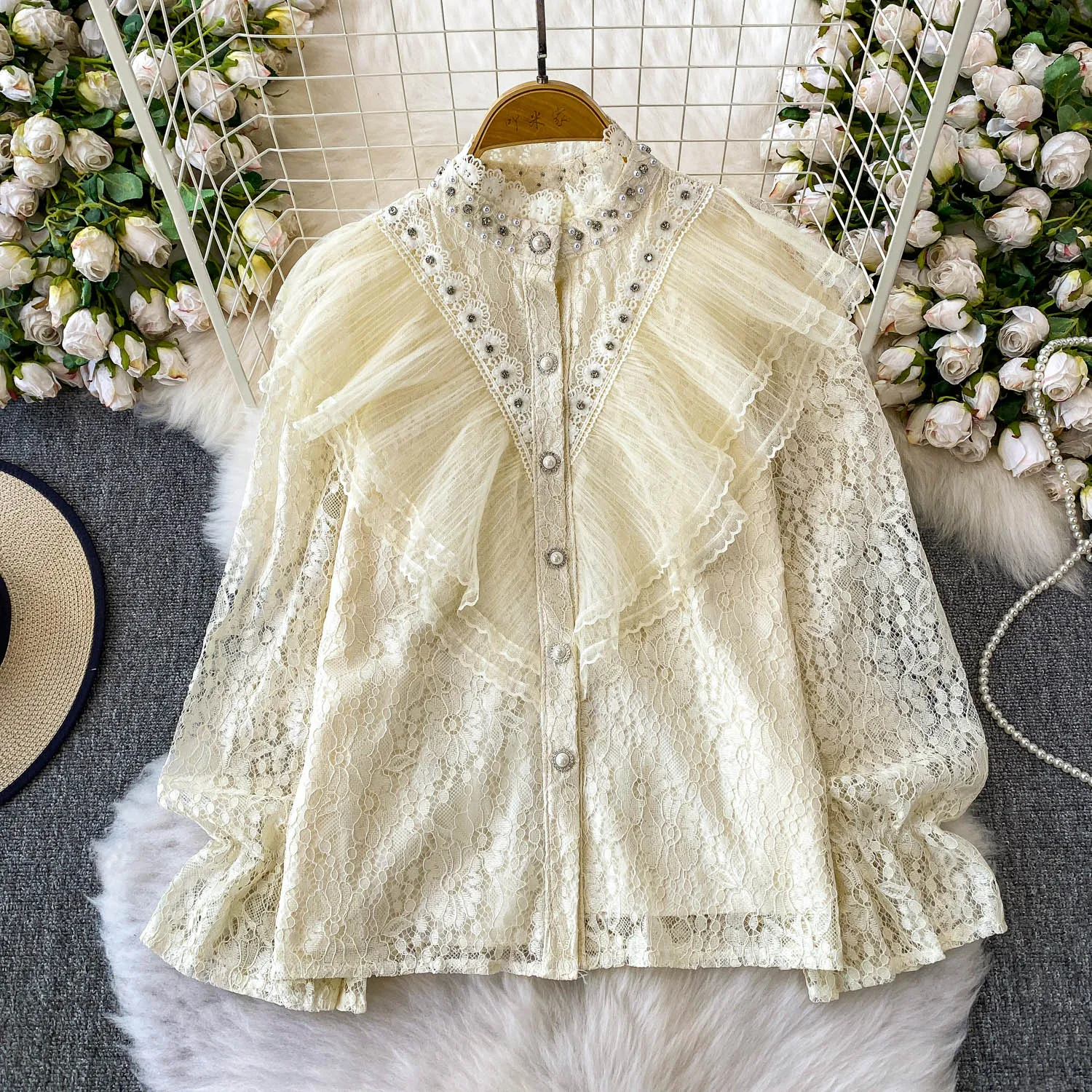 Franse Zware Industrie Diamant Opstaande Hals Lange Mouw Lolita Shirt Vrouwen Zomer Hof Kant Leeftijdsreductie Veelzijdige Ruches Top
