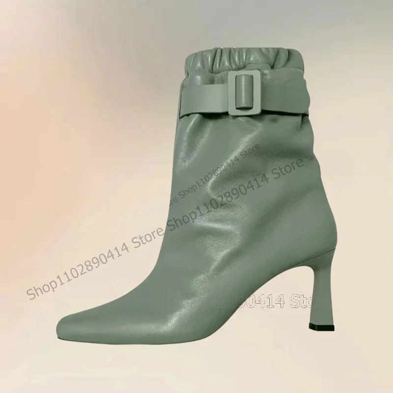 

Yellow Buckle Decor Soft Leather Pointed Toe Boots Elastic Band Women Shoes Thin High Heels New Fashion 2025 Zapatos Para Mujere