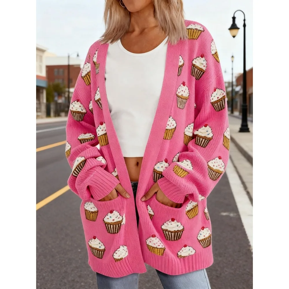 Women Donut Ice Cream Fruit Longline Button Cardigan Kawaii Pink Single Breasted V-Neck Coat with Pockets Sweet Girls Outerwear