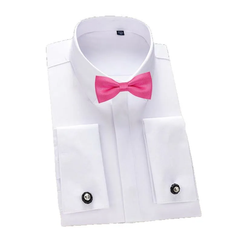 60S Groom Men's French Cufflink Bamboo Fiber Shirt Wedding Dress White Dress Bow Tie Shirt Solid Color Best Man Dress Wedding