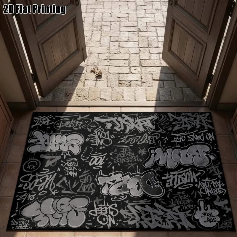 1Pc American Retro Street Graffiti Printed Carpet, Bohemian Style Decorative Carpet, Suitable for Living Room, Bedroom, Dining Room, Bedside, Indoor and Outdoor Patio, Home Decorative Accessories