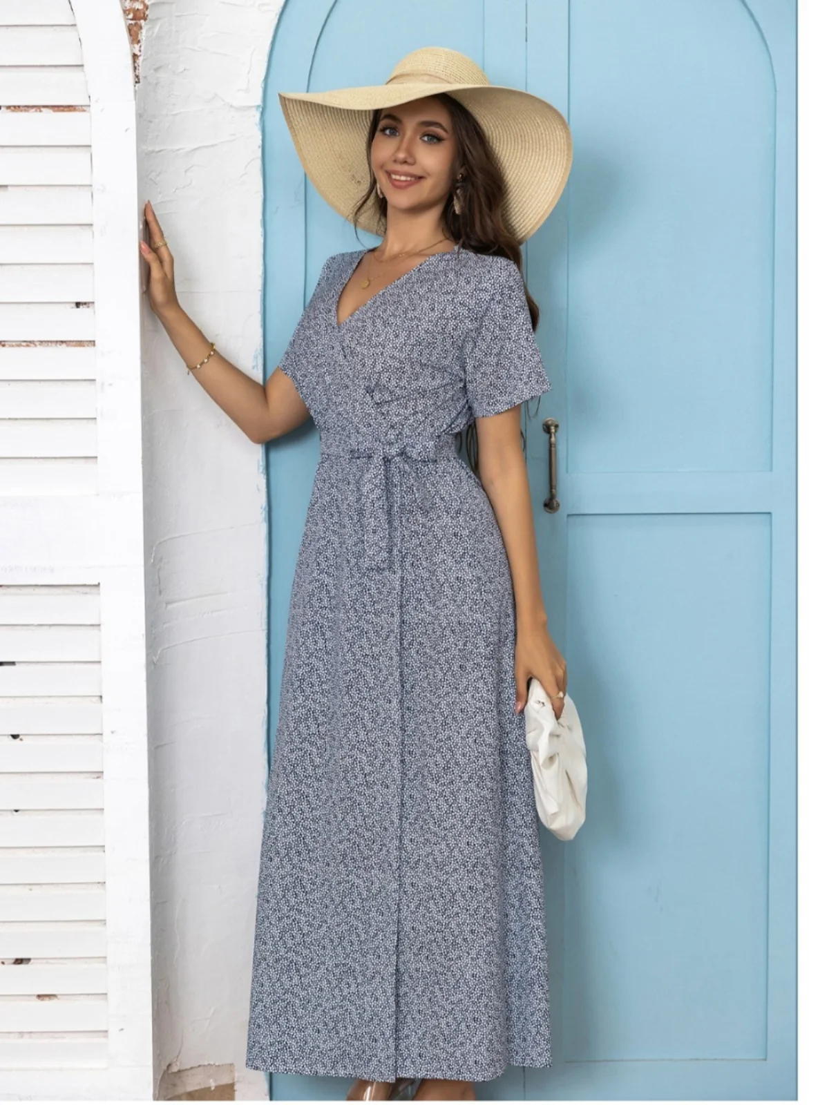 Zomer Nieuwe V-Ne Bloemenprint Sexy Split ort Sve Dr Strand Zand Strand Straat Sle Polyestervezel Lange Dr