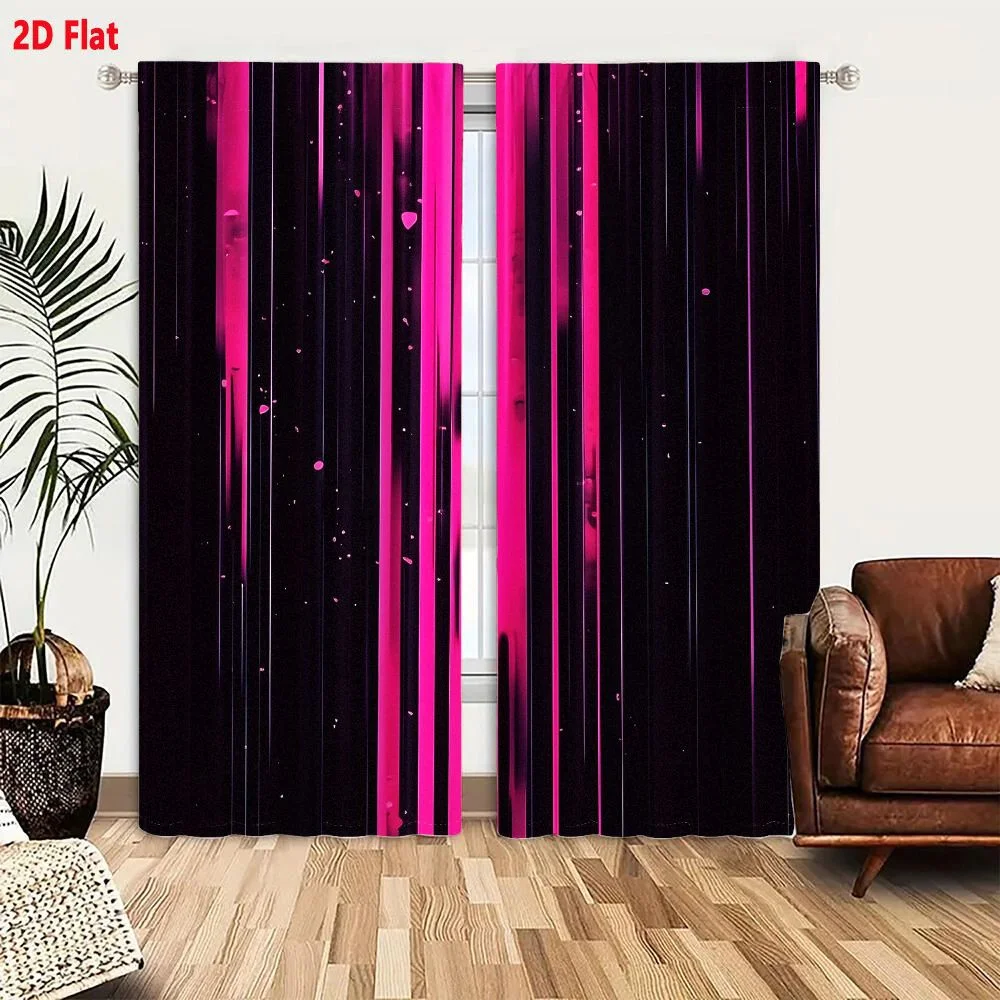 2Pcs Curtains Abstract Digital Artwork Featuring Glowing Pink Magenta Vertical Streaks With Scattered Particles And Heart Shapes