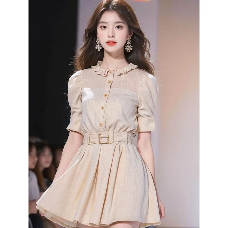 

French Style Tea Break Elegant Super Pretty Waist-Cinching Apricot Short-Sleeve Dress2025Early Spring New Stunning Mini Dress