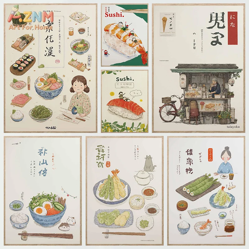 AZNM Japanese Food Canvas Wall Art Vintage Sushi Tempura Watercolor Print Frameless Canvas Painting Kitchen Restaurant Decor Pos