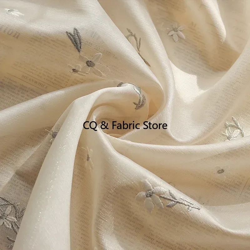 3D flower Embroidery Chiffon Fabric, Small floral apricot Chiffon Fabric, Silky fabric for Girl Dress, wedding dress, prom dress