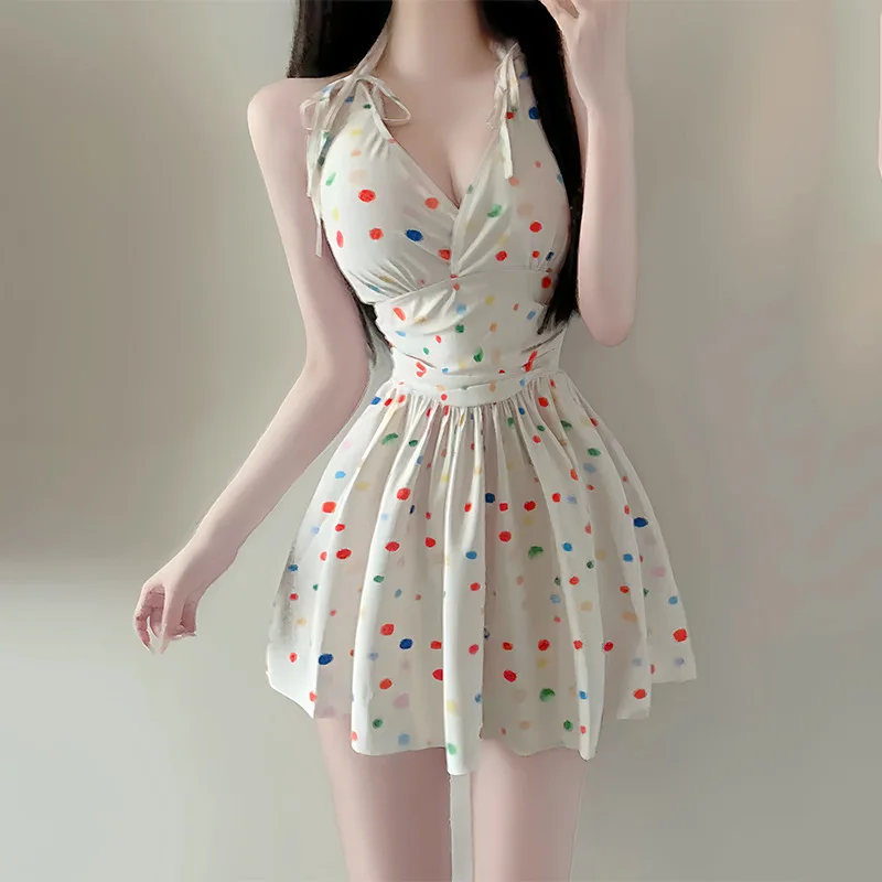 costumi da bagno sexy alla moda coreana con stampa a pois, costumi da bagno interi con fasciatura senza schienale, mini abito culotte, bikini imbottiti