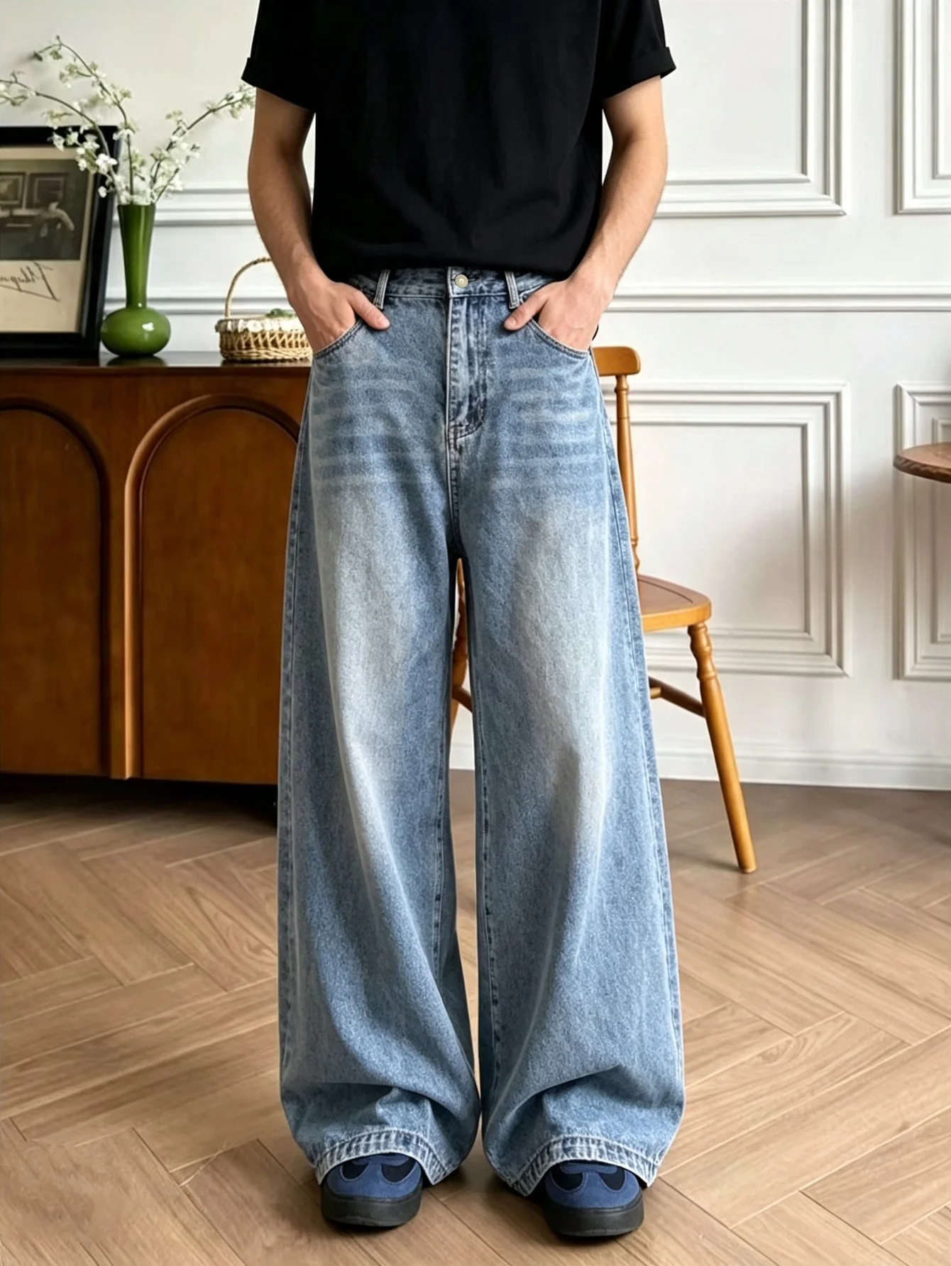 Men Versatile Wide‑Leg Long Pants, Loose Fit Solid Casual Straight Trousers, Soft Lightweight Daily Bottoms, Men Relaxed Fit Bot