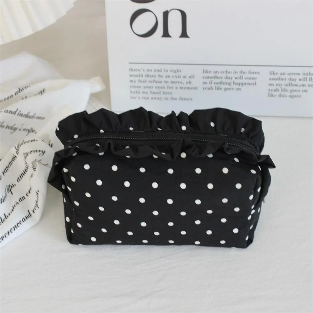 Polka Dot Cosmetic Bag Portable Ruffle Edge Decor Travel Storage Organizer Multi-use Minimalist Design Skincare Organizer