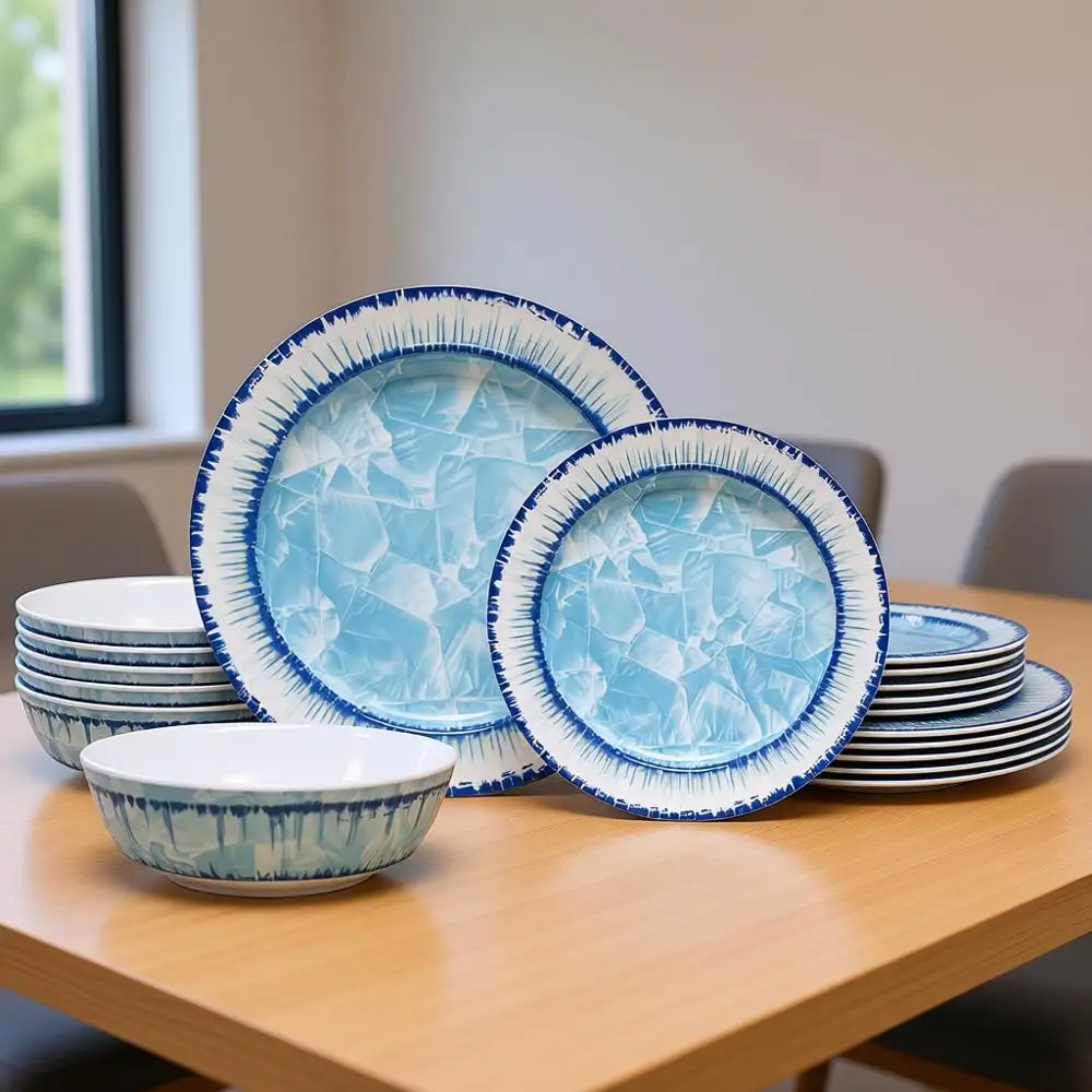 

Набор посуды из 18 предметов, меламин, легкий, небьющийся, для использования в помещении и на улице, можно мыть в посудомоечной машине, светло-голубой