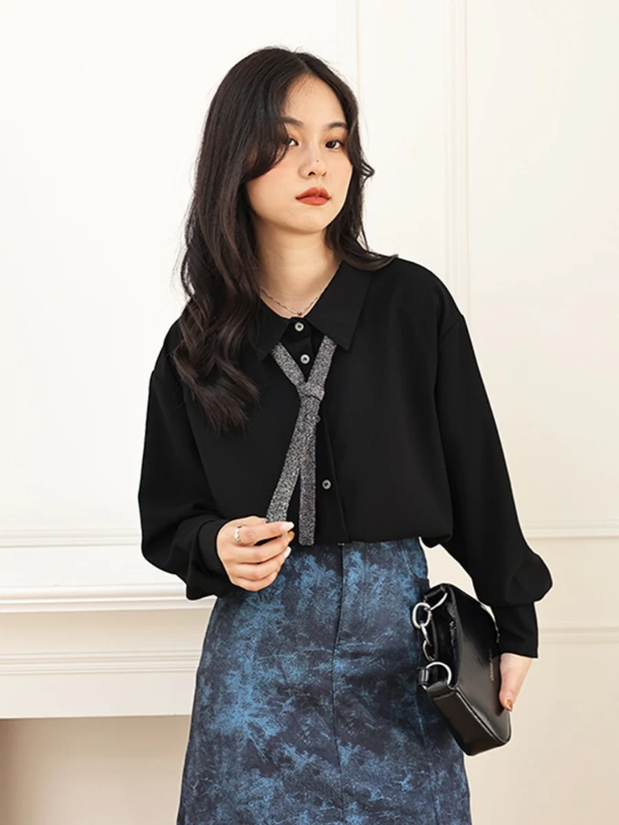 

Элегантная черная женская рубашка с длинным рукавом: новая весенняя модель, изысканный дизайн, повседневный стиль для офиса и города