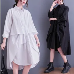 #4096 Black White Women Asymmetric Shirt Dress Long Sleeves Casual Front Button Shirt Dress Polo Neck Loose Sexy Dress Spring