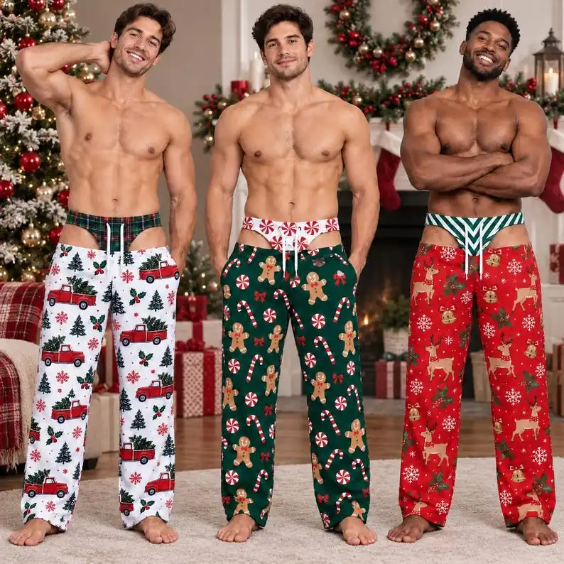 Men's Personalized Christmas Pajamas with Fashionable Printed Soft Holiday Pajamas and Fun Gingerbread Printed Pants