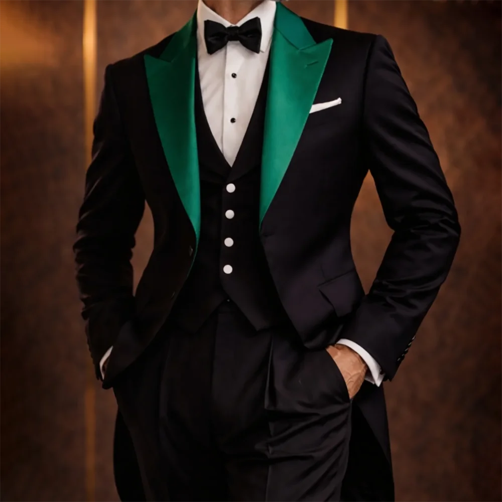Timeless Men Black Tailcoat Tuxedo Suit Green Peak Lapel 3 Piece Jacket+Pants+Vest Set Groom Wedding Prom Formal Outfit