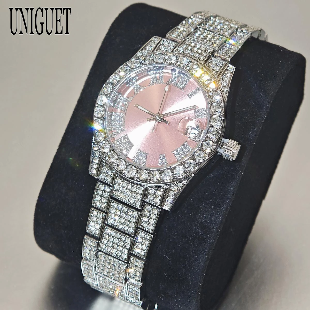 UNIGUET Pink Watches Women Luxury Elegant Jewelry Quartz Watch For Ladies Fashion Full Diamond Bling Clock Girl Dropshipping
