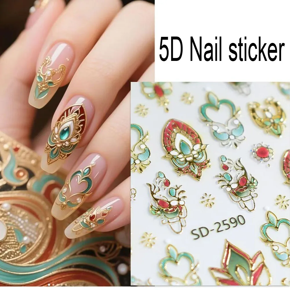 1 pz 5D abbronzante di lusso nail art adesivo cinese vintage fiori decalcomanie per unghie etnico retrò modello francese Bohomia manicure slider