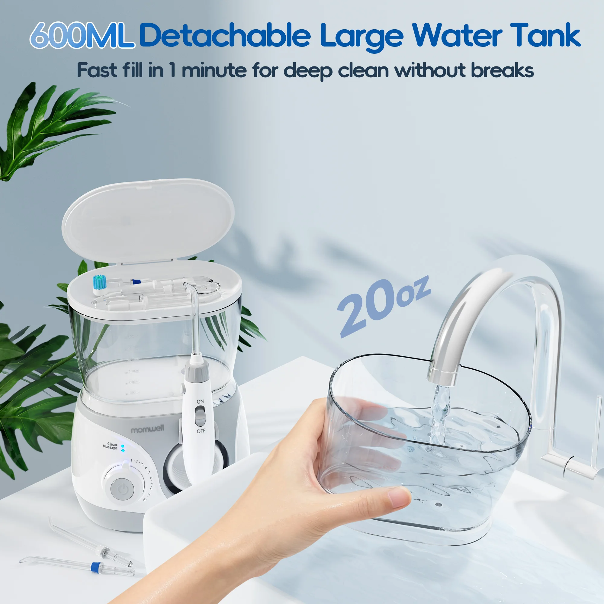 Home Water Flosser, 10 Adjustable Pressures,600 ml Large Capacity,6 Home Nozzles Professional Oral Irrigator for Teeth Clean image 2