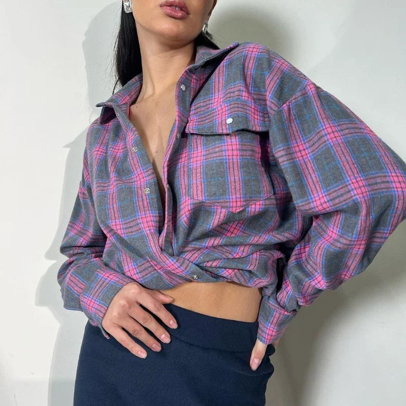 

Vintage Oversize Plaid Shirt For Women Long Orange Plaid Tops Oversized Blouse Orange Women' s Loose Plaid Shirts Long Sleeve