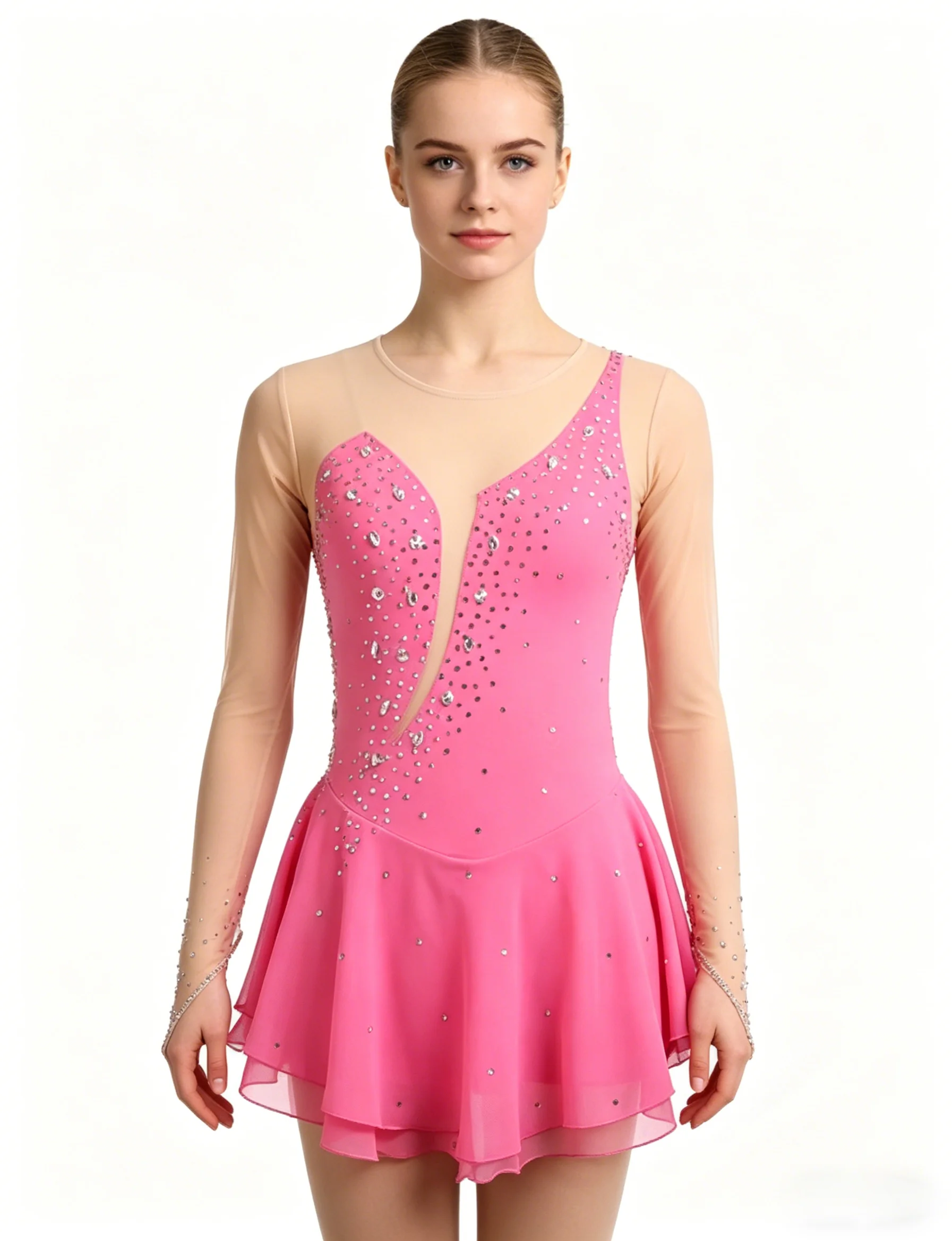 

Sparkly Rhinestone Figure Skating Costume Women Sheer Long Sleeve Ice Skating Dress Flowy Skirt Professional Competition Wear