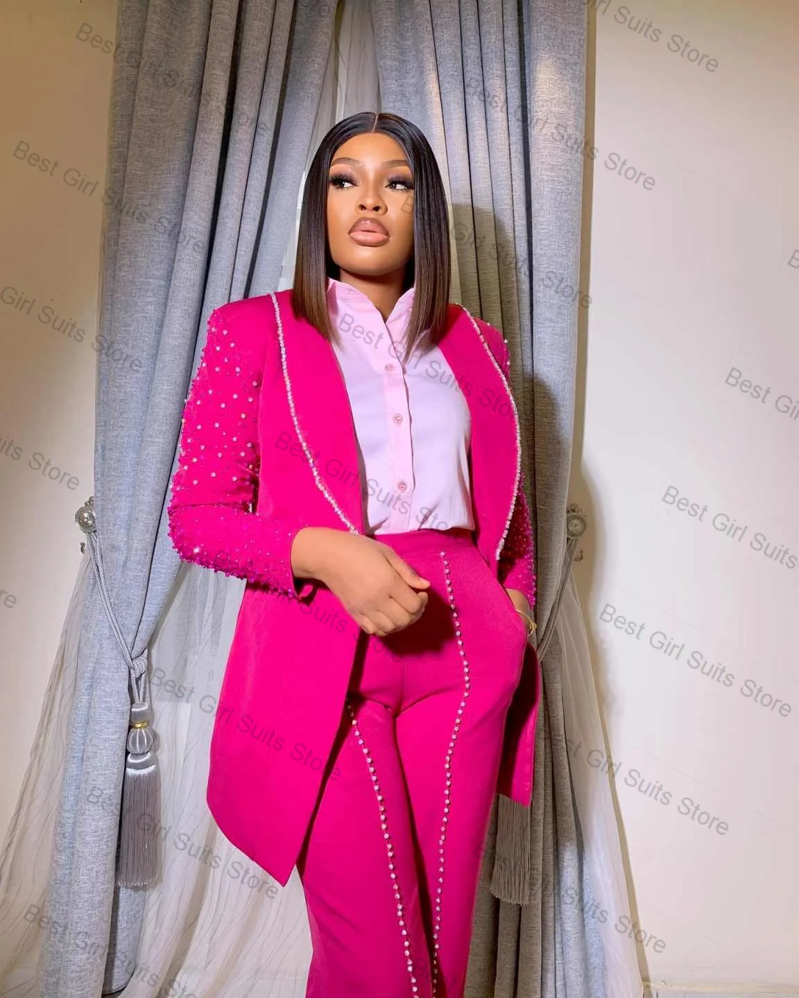 

Luxury Pink Women Suit Set 2 Piece Blazer+Pants Trousers Glitter Crystals Formal Office Lady Jacket Customized Wedding Prom Coat