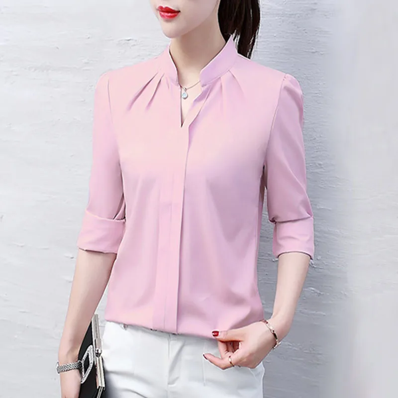 Women V-Neck Blouses Solid Color Spring Autumn Elegant Streetwear Casual Ladies Long Sleeve Shirts Female Loose Pullover Tops