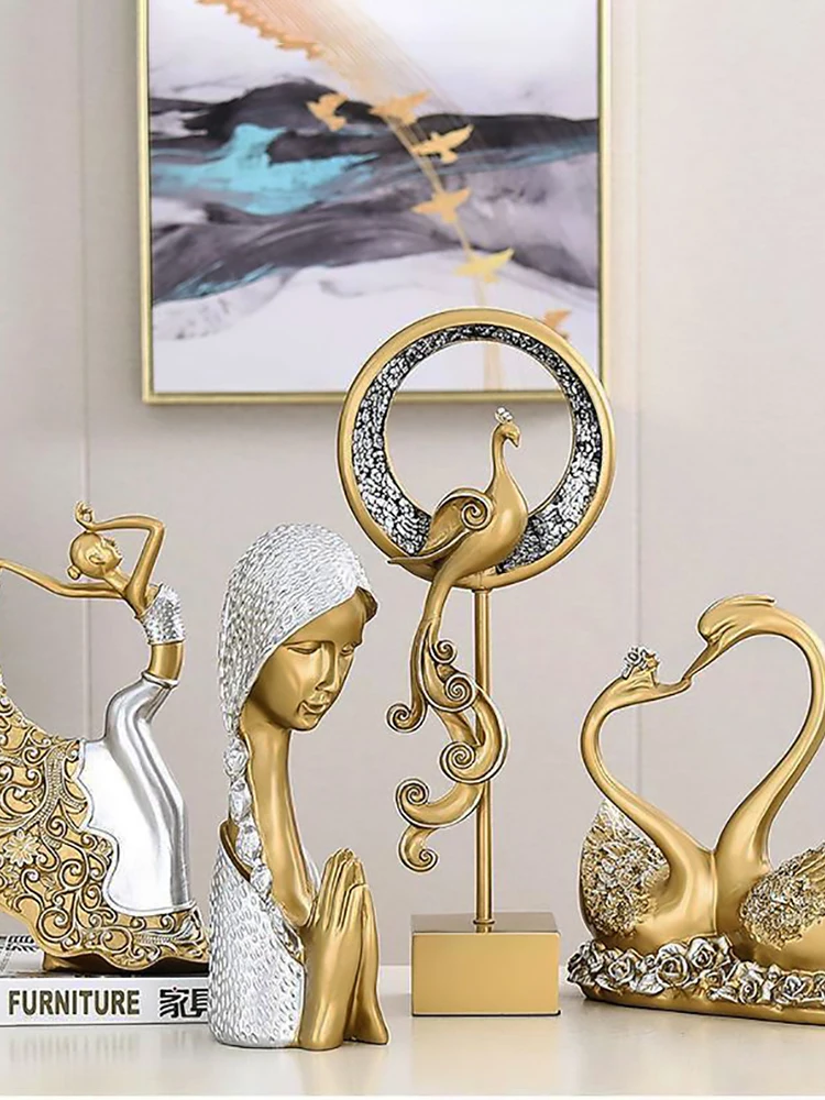 Imagem -06 - Europeu Luxo Casal de Ouro Veados Elefante Cisne Resina Escultura Decoração de Casa Desktop Decoração Phoenix Beleza Estátua Presente Ornamento