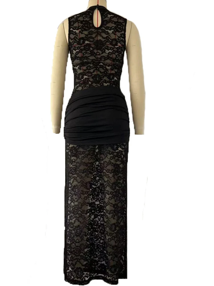 Kricesseen Sexy ​Sheer Black Floral Lace Hollow Out High Slit Maxi Dress Ladies Sleeveless V Neck Night Out Clubwear Bodycon