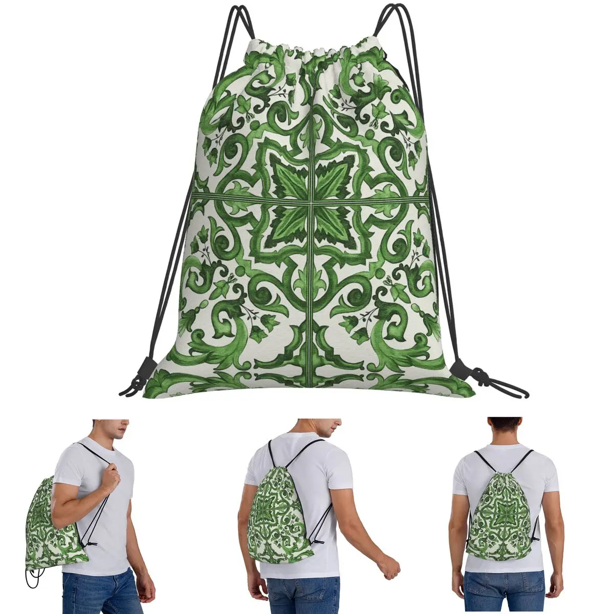Green Ornate Floral Mediterranean Sicilian Tile Backpacks Multi-function Drawstring Bags Sports Bag Book Bags for Unisex School