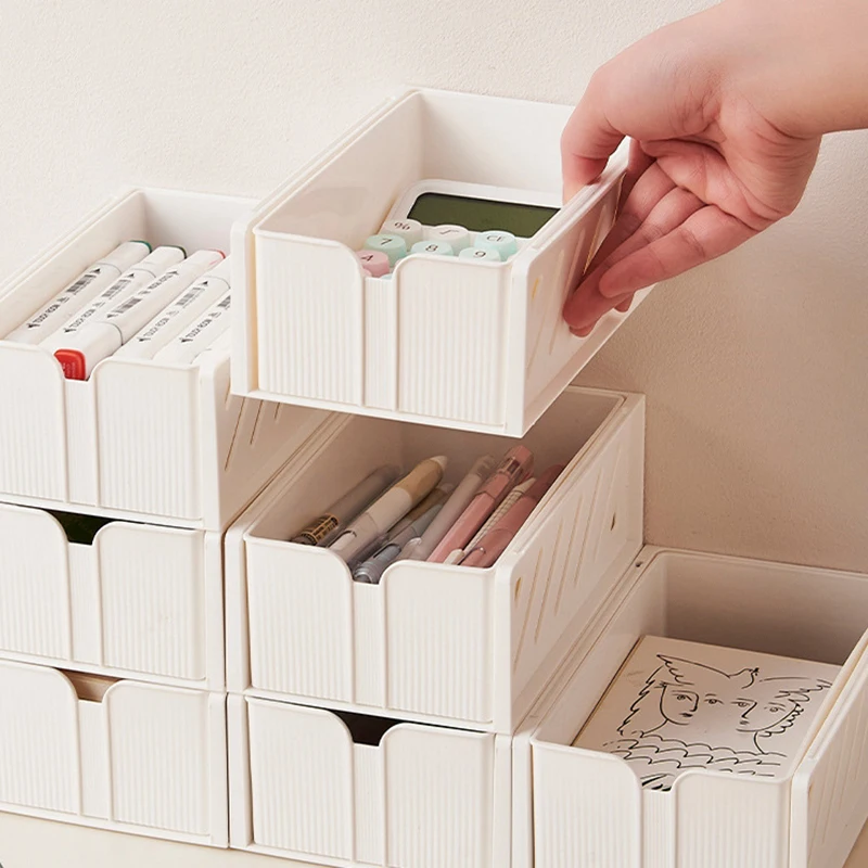 

Smart Stackable Desk Organizer: Japanese Cosmetic & Student Storage Bin w/ Computer Riser & Bathroom-Friendly Shelf Design