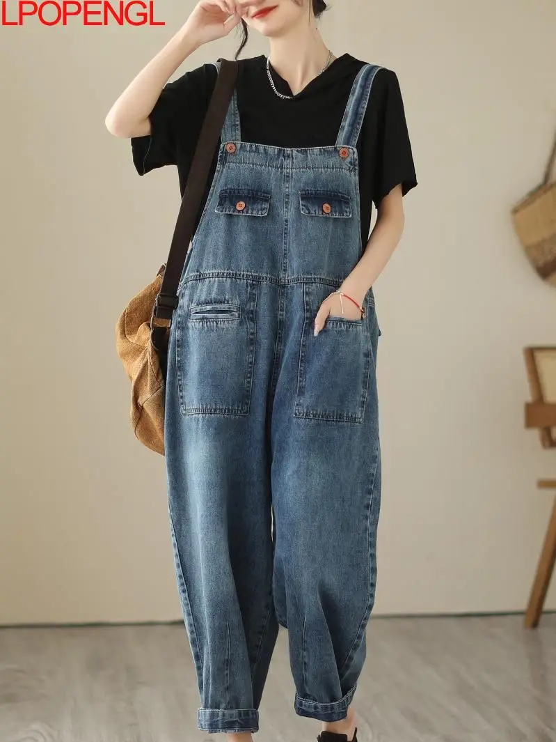 Fashion Comfortable 2023 New Spring Summer Streetwear Jeans Denim Casual Bib Pants Women's Ankle-length Pants Washed Mom Pants