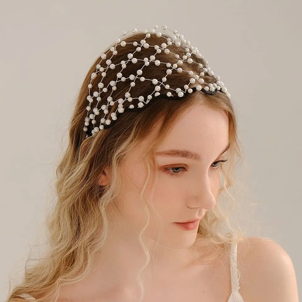 Pearl Headband Soft Chain Net Hairbands for Bride Wedding Party Hair Accessories Fashion Beaded Headdress Women Jewelry